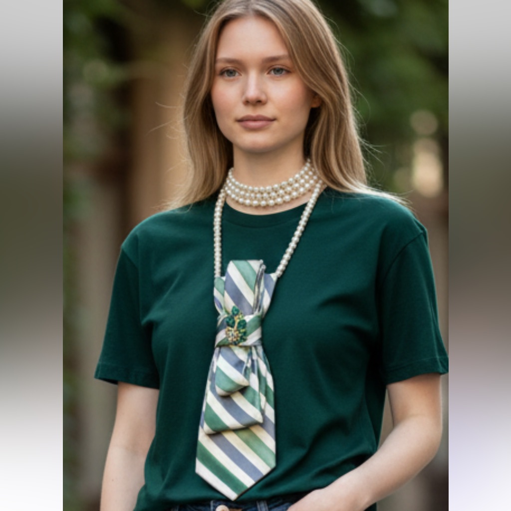 “Dainty Dapper”Elegant Green Striped Tie Necklace With Accent Brooch